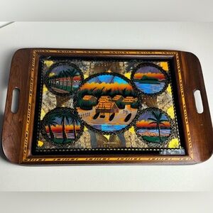 Mid Century Inlaid Parquetry Beach Tropical Reverse Painted Panama Tray
